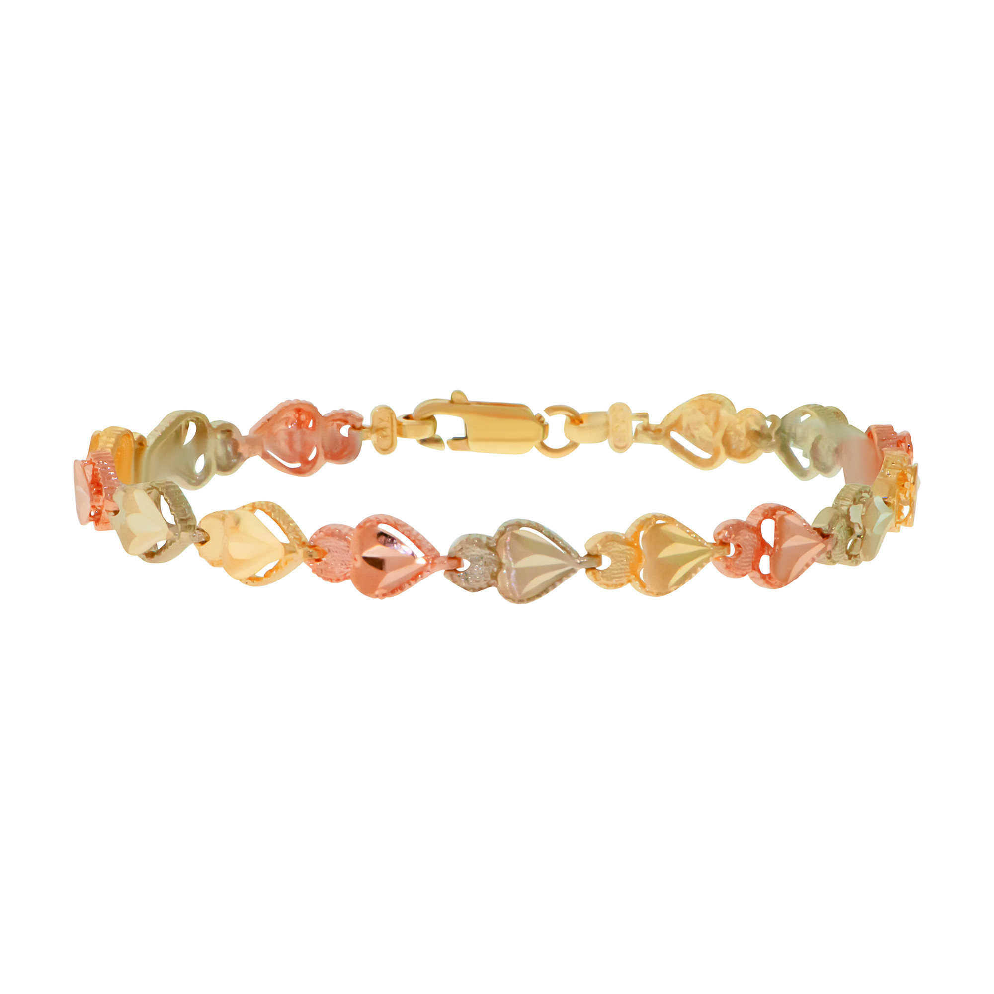 14k Gold Tri-color 7mm Diamond Cut Framed Heart Bracelet 8" I